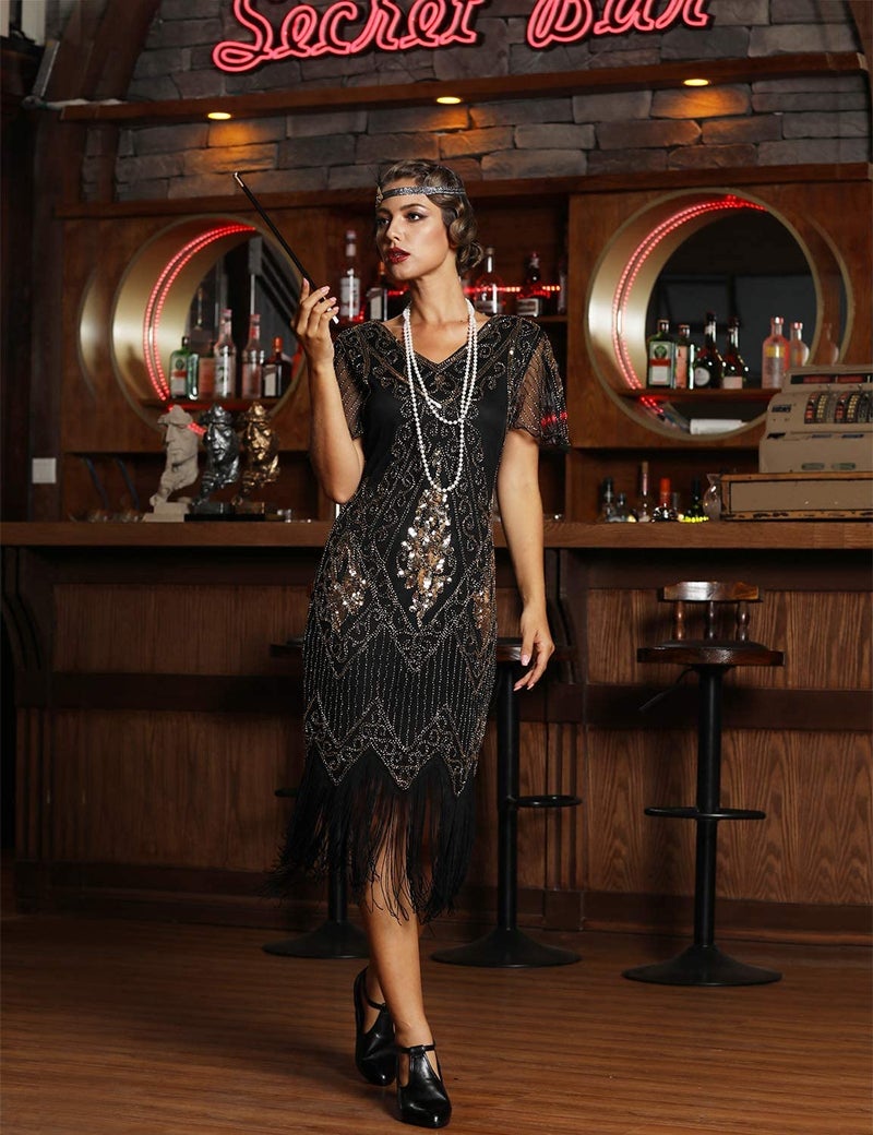 PrettyGuide Women's Flapper Dress Sequin Fringed Cocktail Gatsby Dress with Sleeve M Gold - Image 2